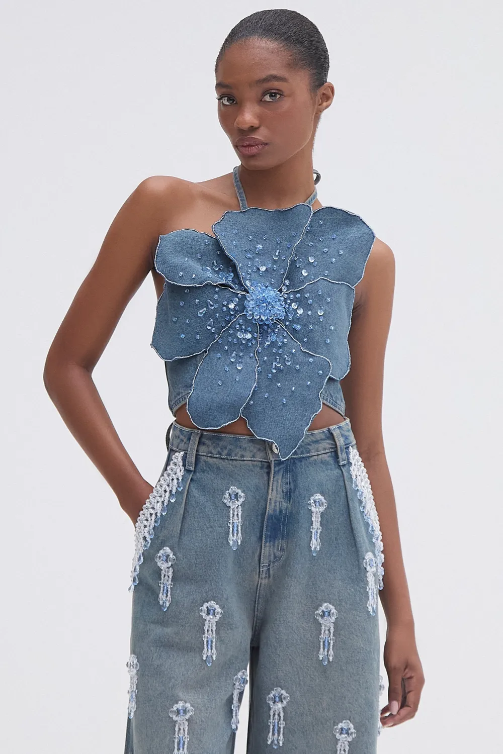 NOSTALGIC SKY DENIM FLOWER TOP