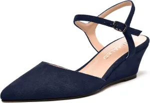 NUMALEO Womens Dress Dating Pointed Toe Suede Comfortable Buckle Ankle Strap Wedge Low Heel Pumps Shoes 2 Inch