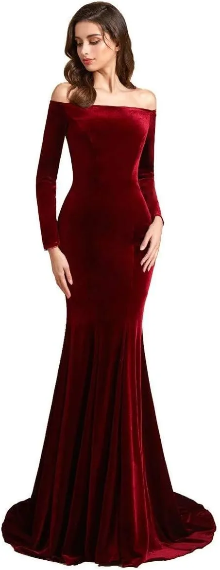 Off Shoulder Velvet Prom Dresses Mermaid Long Sleeves Formal Evening Party Gowns with Court Train pp123