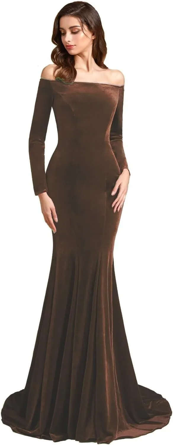 Off Shoulder Velvet Prom Dresses Mermaid Long Sleeves Formal Evening Party Gowns with Court Train pp123
