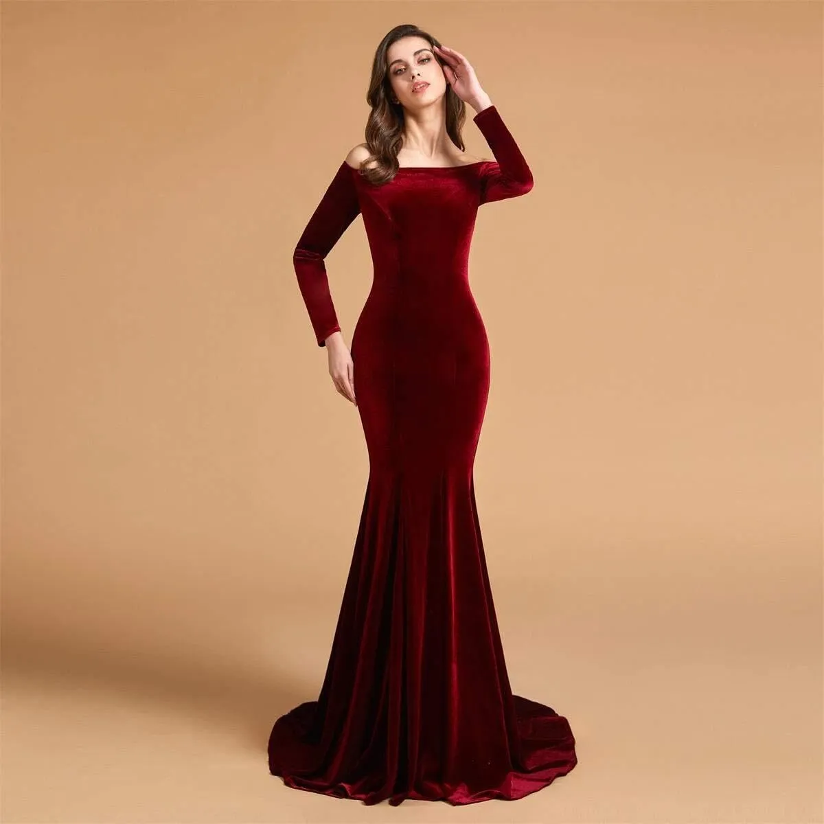 Off Shoulder Velvet Prom Dresses Mermaid Long Sleeves Formal Evening Party Gowns with Court Train pp123