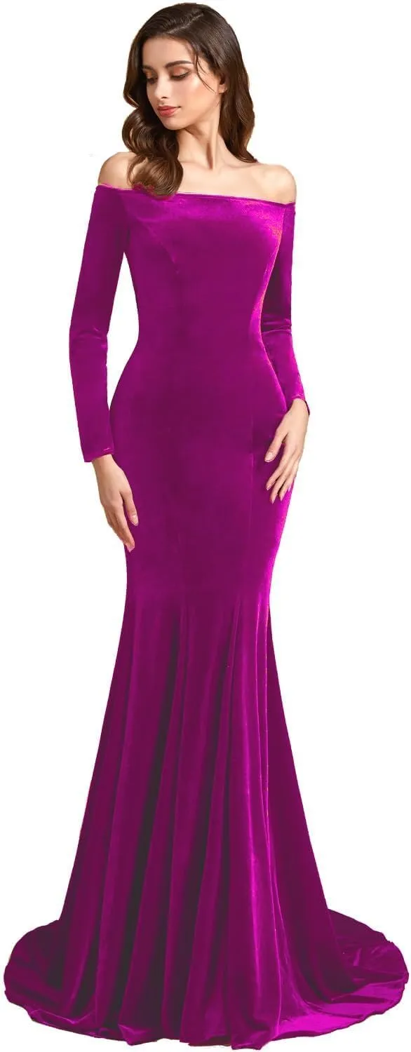 Off Shoulder Velvet Prom Dresses Mermaid Long Sleeves Formal Evening Party Gowns with Court Train pp123