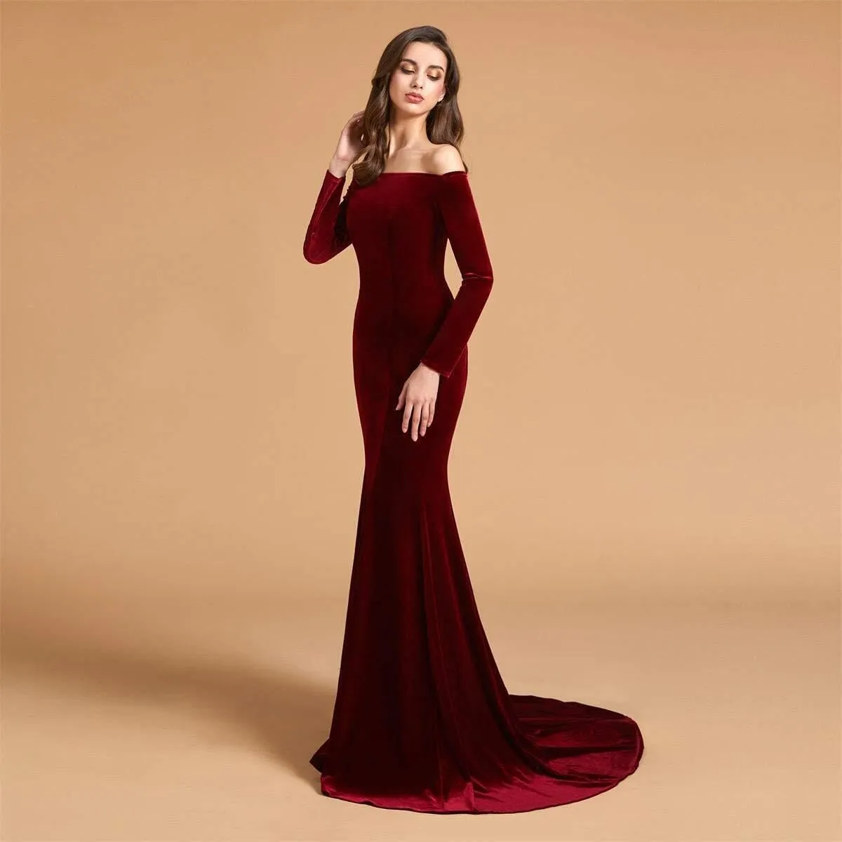 Off Shoulder Velvet Prom Dresses Mermaid Long Sleeves Formal Evening Party Gowns with Court Train pp123