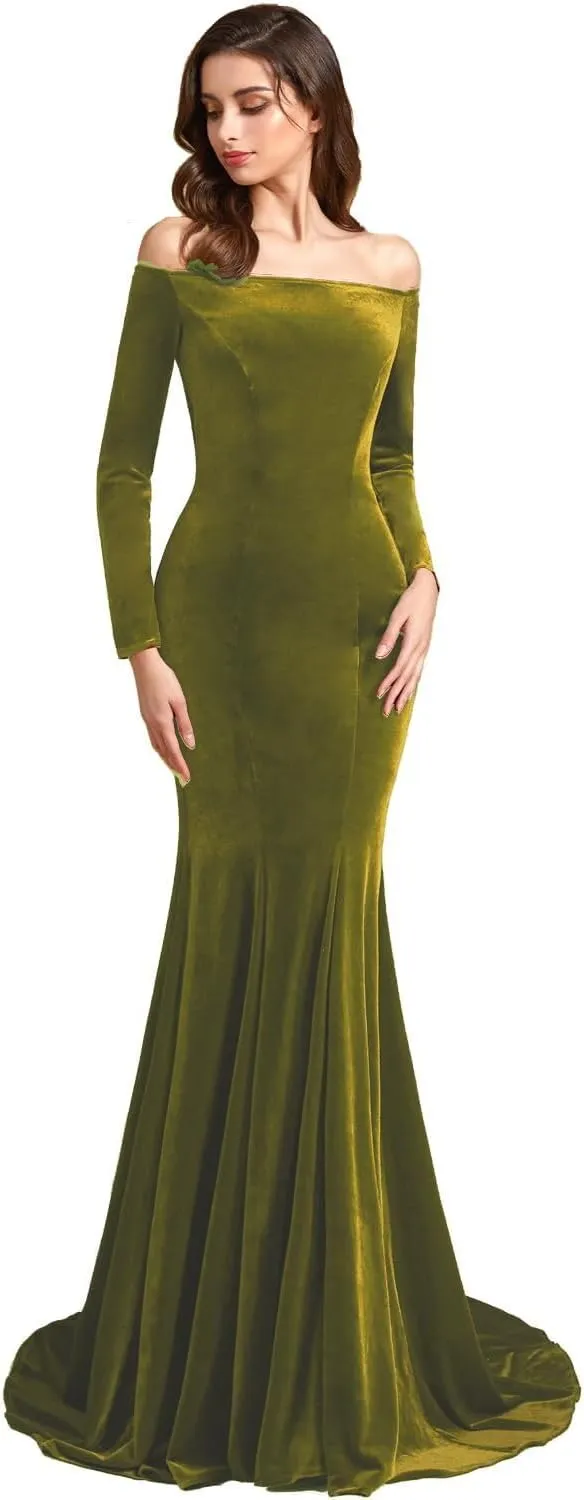 Off Shoulder Velvet Prom Dresses Mermaid Long Sleeves Formal Evening Party Gowns with Court Train pp123