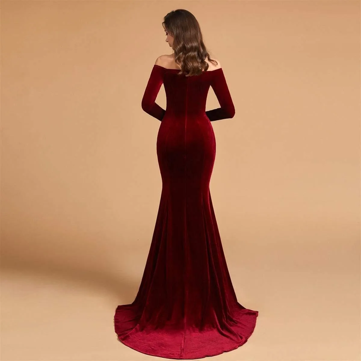 Off Shoulder Velvet Prom Dresses Mermaid Long Sleeves Formal Evening Party Gowns with Court Train pp123