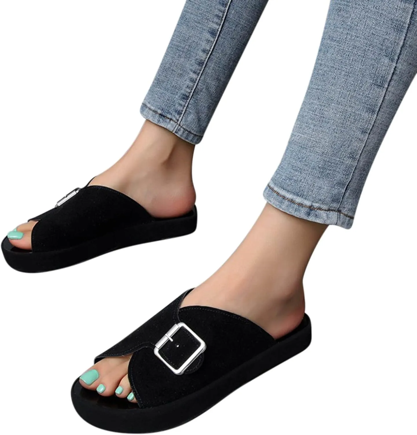 oiangi Sandals for Women Dressy Summer Flats Round Toe Open Toe Buckle Slip on Platform Slippers Comfortable Outdoor Non-Slip Ladies Beach Shoes Slides