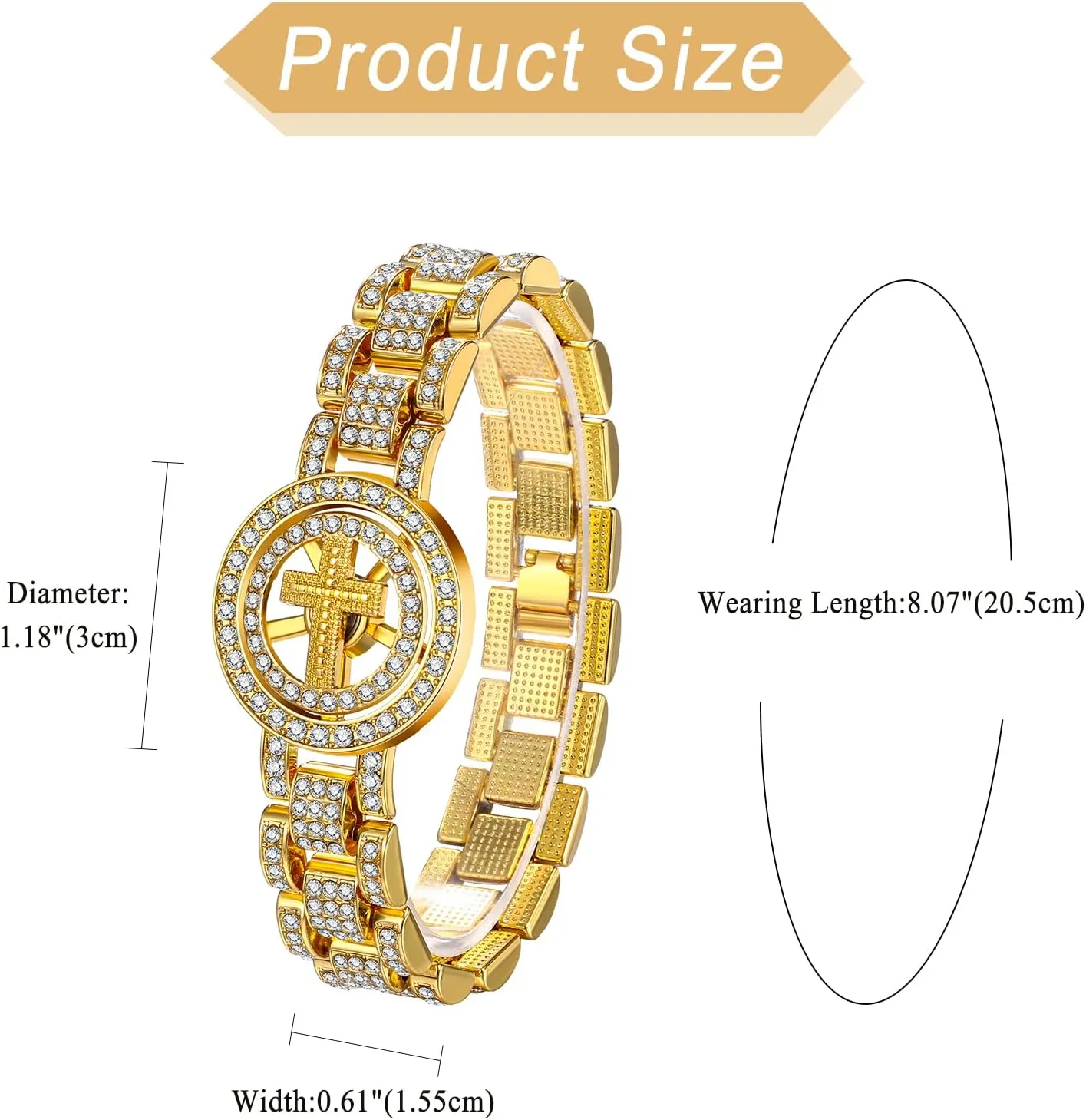 OIDEA Golden Iced Out Bangle Bracelet: Full Rhinestones Diamond Lucky Cuban Link Bracelet for Stress Relief Religious Jesus Bracelet Womens Mens Bracelet Jewelry Gifts