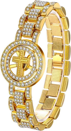 OIDEA Golden Iced Out Bangle Bracelet: Full Rhinestones Diamond Lucky Cuban Link Bracelet for Stress Relief Religious Jesus Bracelet Womens Mens Bracelet Jewelry Gifts