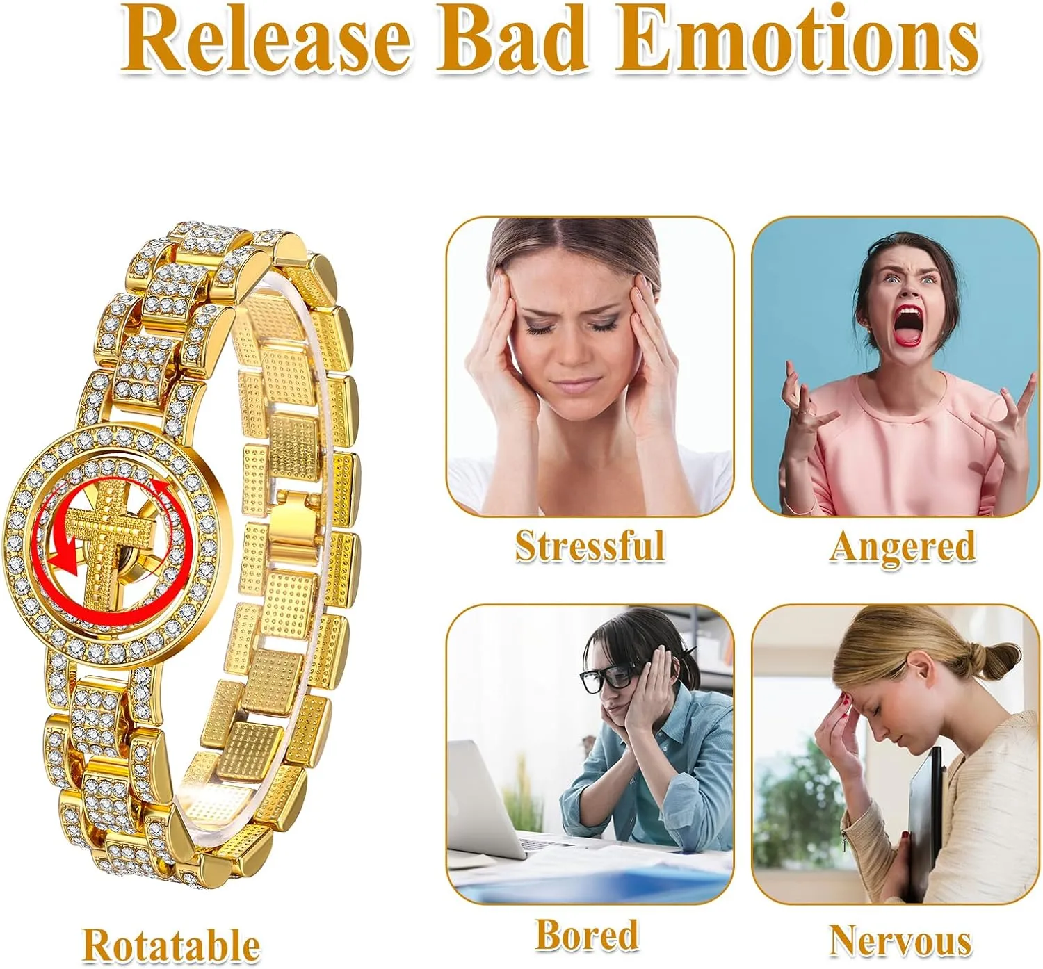 OIDEA Golden Iced Out Bangle Bracelet: Full Rhinestones Diamond Lucky Cuban Link Bracelet for Stress Relief Religious Jesus Bracelet Womens Mens Bracelet Jewelry Gifts