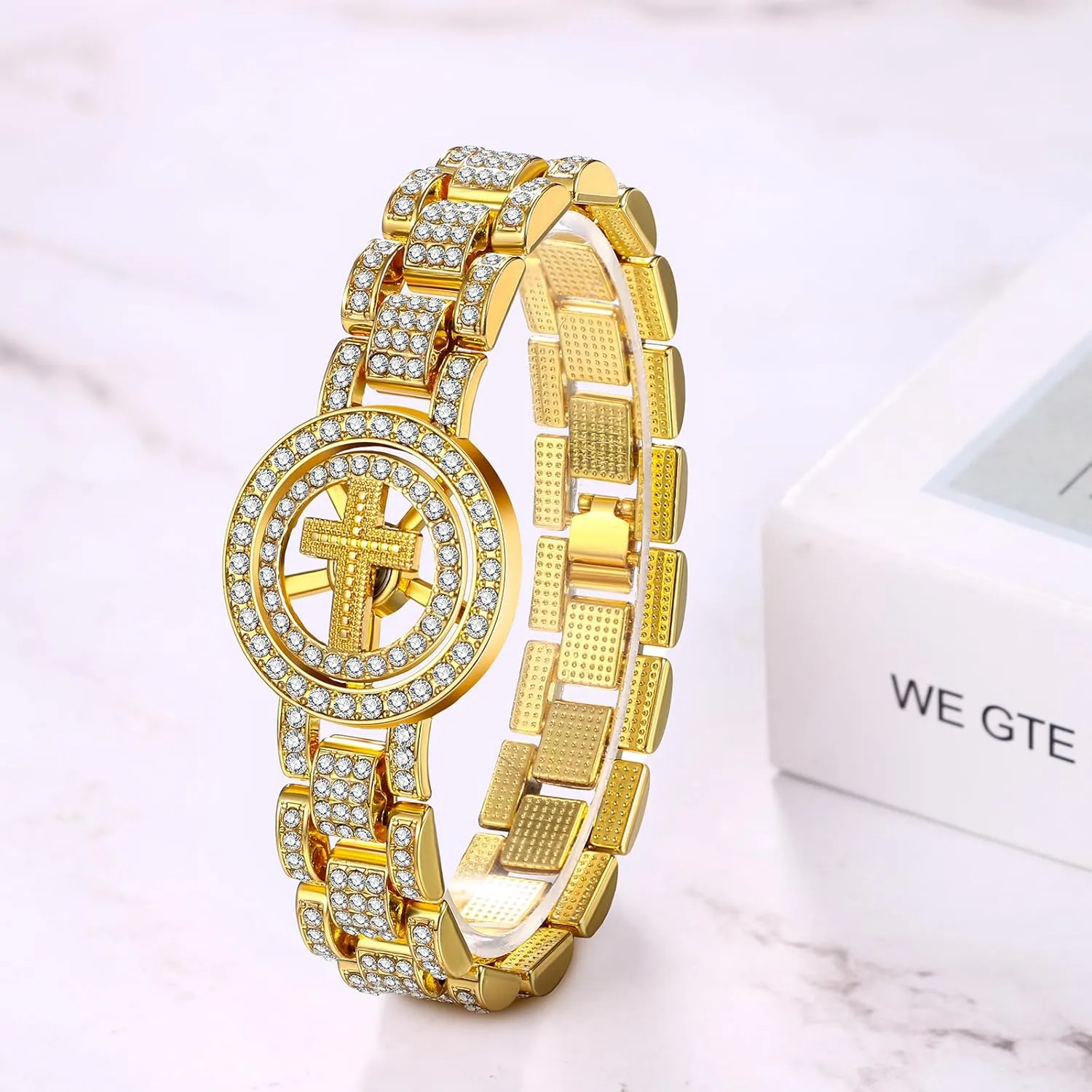 OIDEA Golden Iced Out Bangle Bracelet: Full Rhinestones Diamond Lucky Cuban Link Bracelet for Stress Relief Religious Jesus Bracelet Womens Mens Bracelet Jewelry Gifts