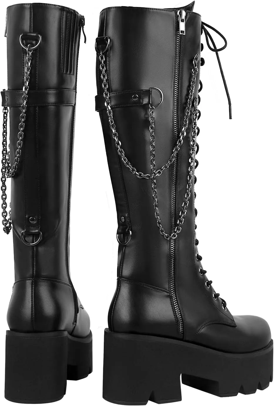 onlymaker Knee High Embellished Chains Boots Chunky Heels Zip up Round Toe Platform Gothic Booty