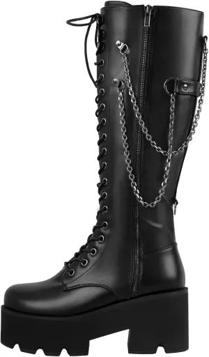 onlymaker Knee High Embellished Chains Boots Chunky Heels Zip up Round Toe Platform Gothic Booty