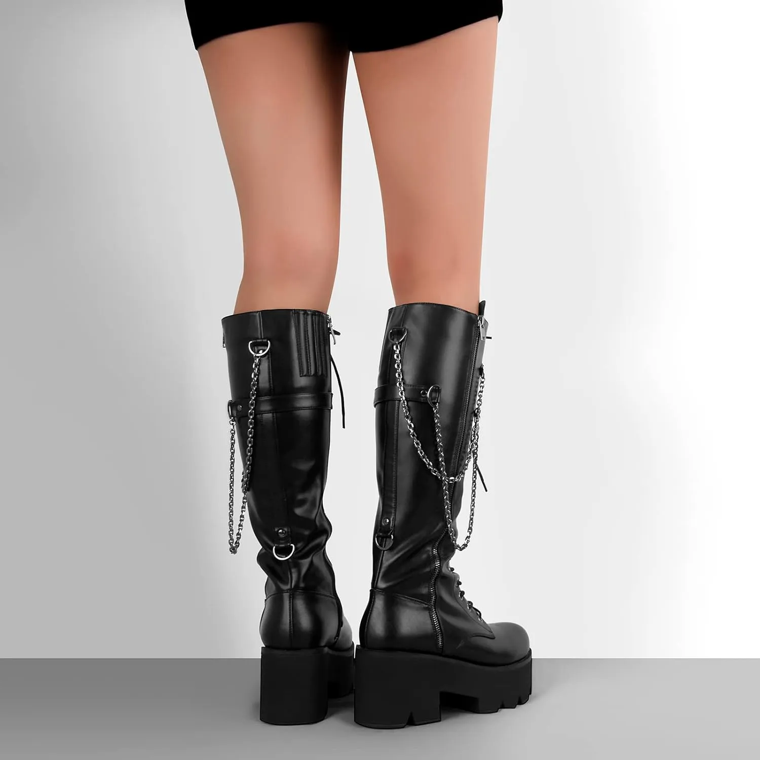 onlymaker Knee High Embellished Chains Boots Chunky Heels Zip up Round Toe Platform Gothic Booty