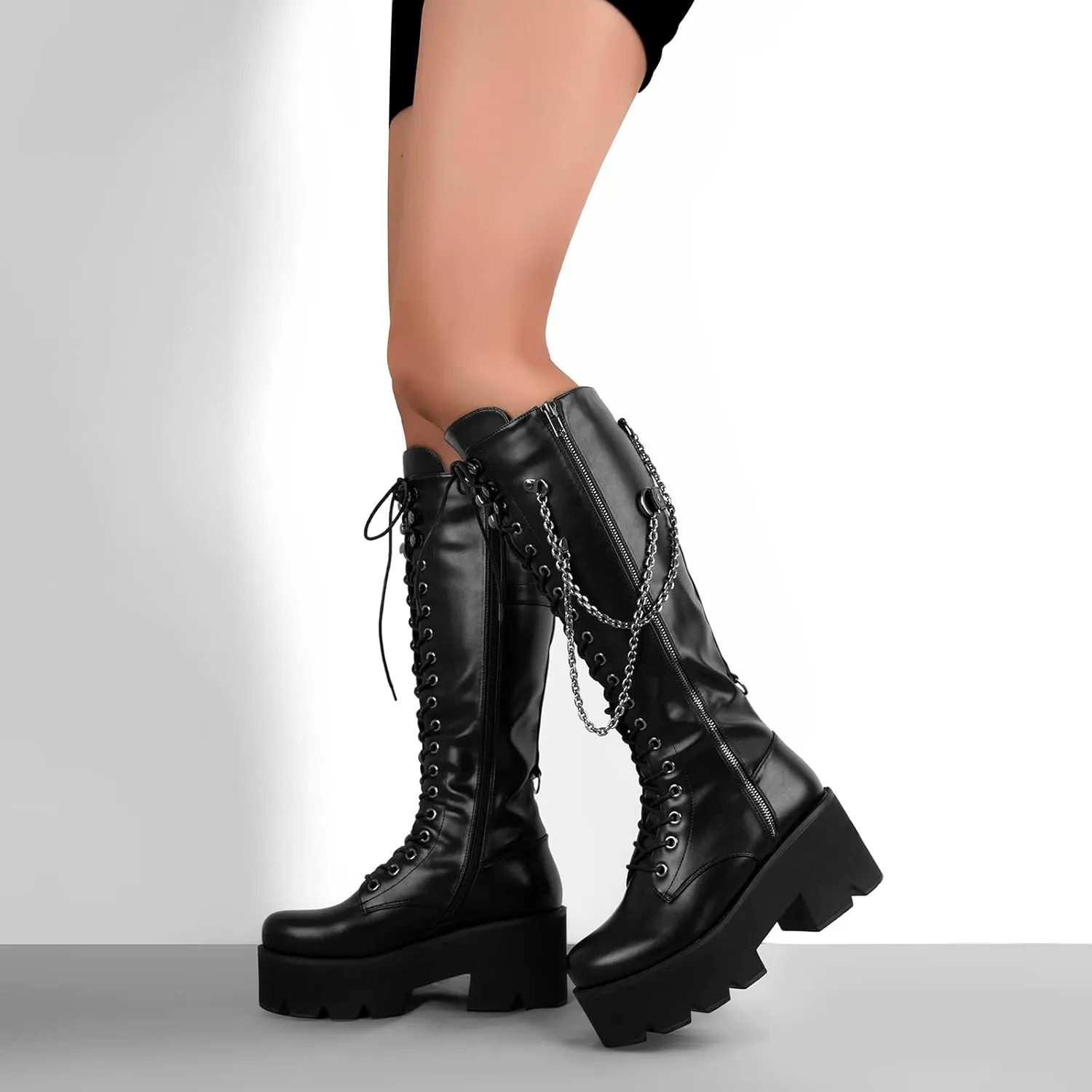 onlymaker Knee High Embellished Chains Boots Chunky Heels Zip up Round Toe Platform Gothic Booty