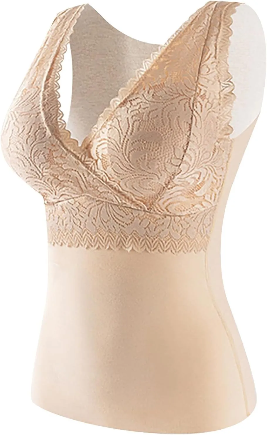 Oplxuo Plus Size Thermal Tank Top Women Fleece Lined Thermal Shirt Sleeveless Lace Tops Camisole Warm Base Layer Cold Weather