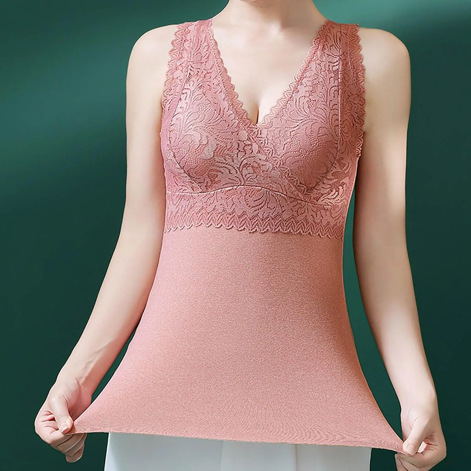 Oplxuo Plus Size Thermal Tank Top Women Fleece Lined Thermal Shirt Sleeveless Lace Tops Camisole Warm Base Layer Cold Weather