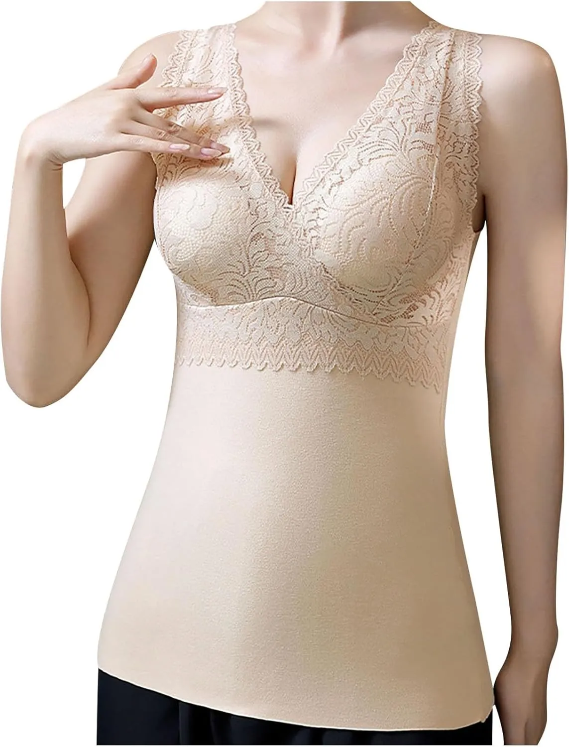 Oplxuo Plus Size Thermal Tank Top Women Fleece Lined Thermal Shirt Sleeveless Lace Tops Camisole Warm Base Layer Cold Weather