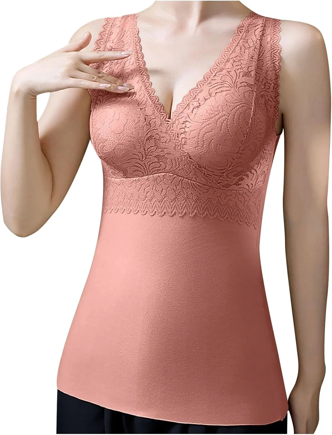 Oplxuo Plus Size Thermal Tank Top Women Fleece Lined Thermal Shirt Sleeveless Lace Tops Camisole Warm Base Layer Cold Weather