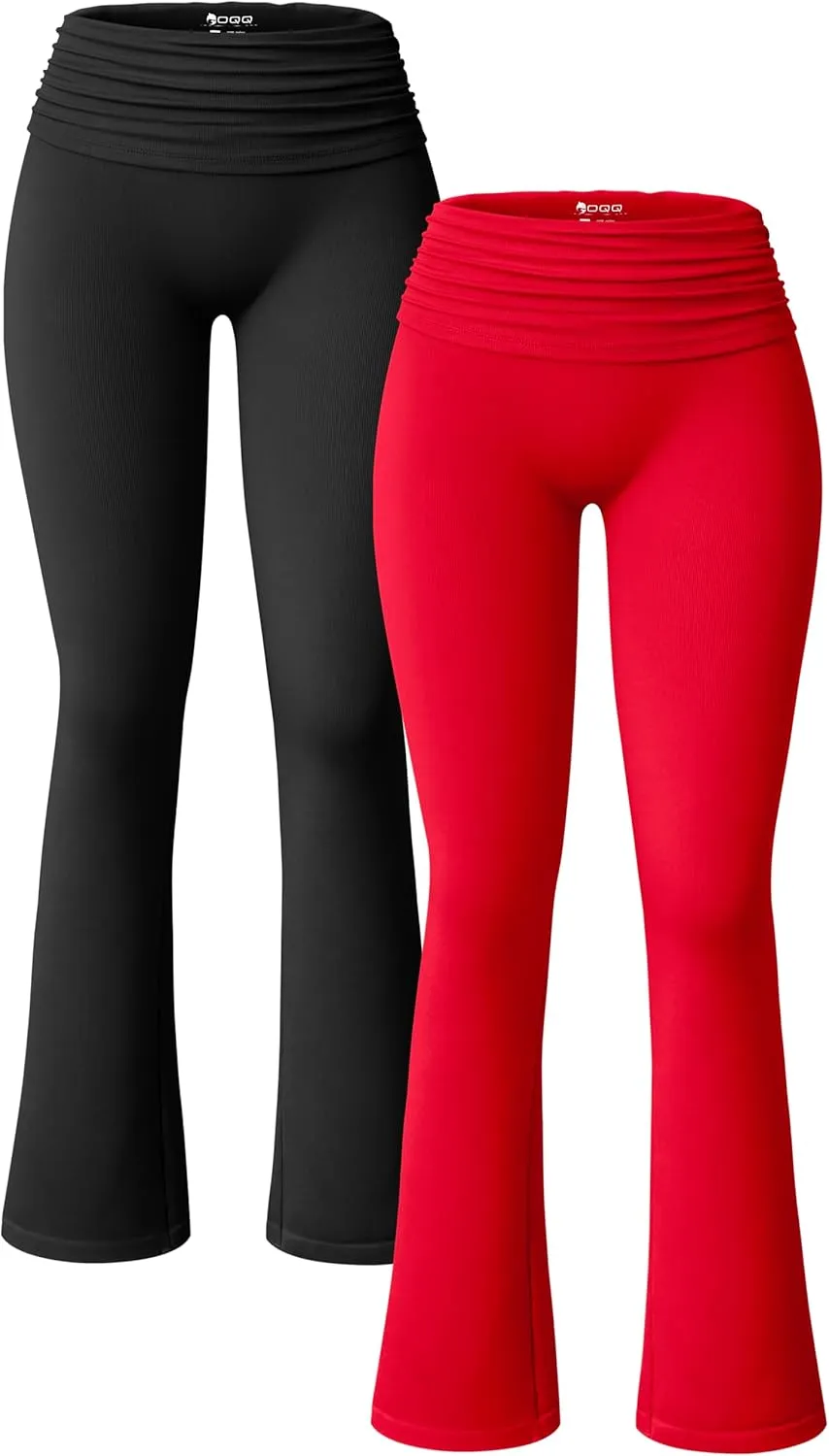 OQQ Women's 2 Piece Flared Pants Ribbed Fold Over Kick Ruched Stretch High Waist Casual Wide Leg
