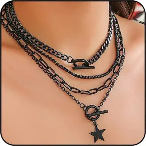 Otxas Gold Layered Necklaces Set for Women Paperclip Chain Stacking Necklaces Black Necklaces for Women Coin Star Pendant Necklace Black Jewelry Sets for Women
