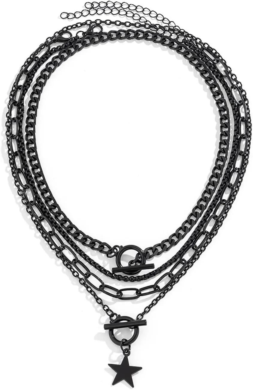Otxas Gold Layered Necklaces Set for Women Paperclip Chain Stacking Necklaces Black Necklaces for Women Coin Star Pendant Necklace Black Jewelry Sets for Women