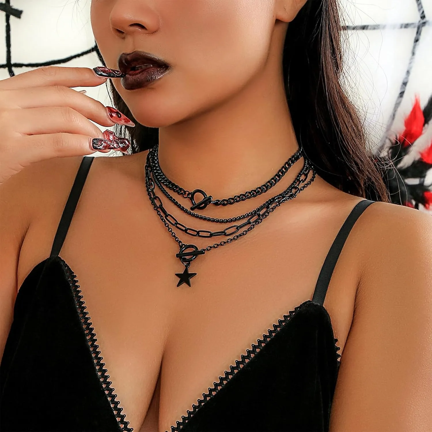Otxas Gold Layered Necklaces Set for Women Paperclip Chain Stacking Necklaces Black Necklaces for Women Coin Star Pendant Necklace Black Jewelry Sets for Women