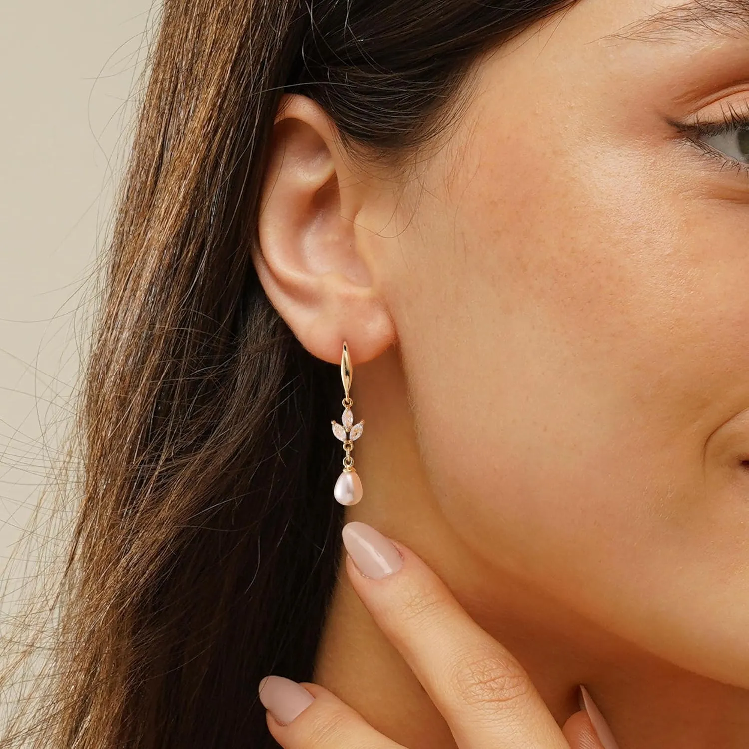 Pearl Earrings-14K Gold Plated Dainty Pearl Drop Simple Wedding CZ Dangle Dangling Cute Stud Earrings for Brides Earrings for Women Gifts