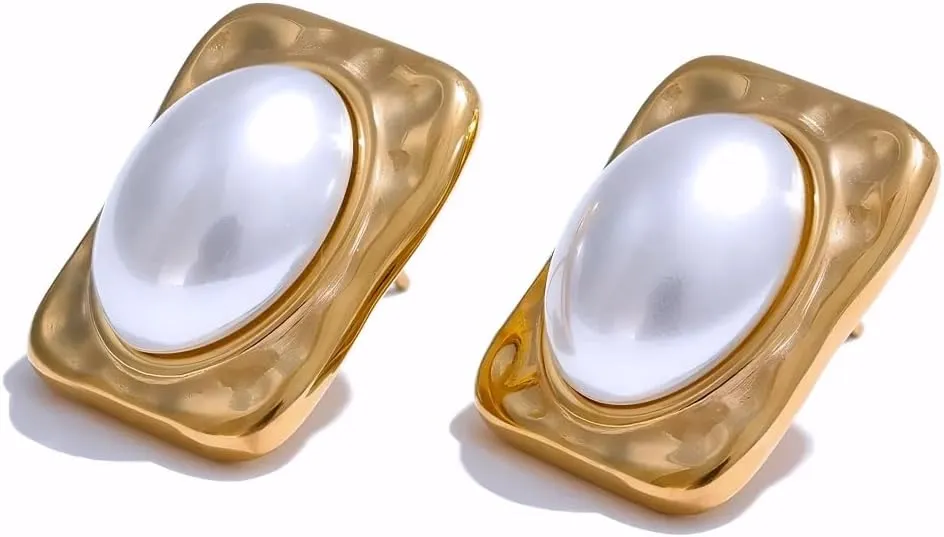 Pearl earrings for women Classic Vintage Imitation Pearls Square Rectangle Stud Earrings Waterproof Hammer Metal Stylish Charm Golden Jewelry Gift-T51
