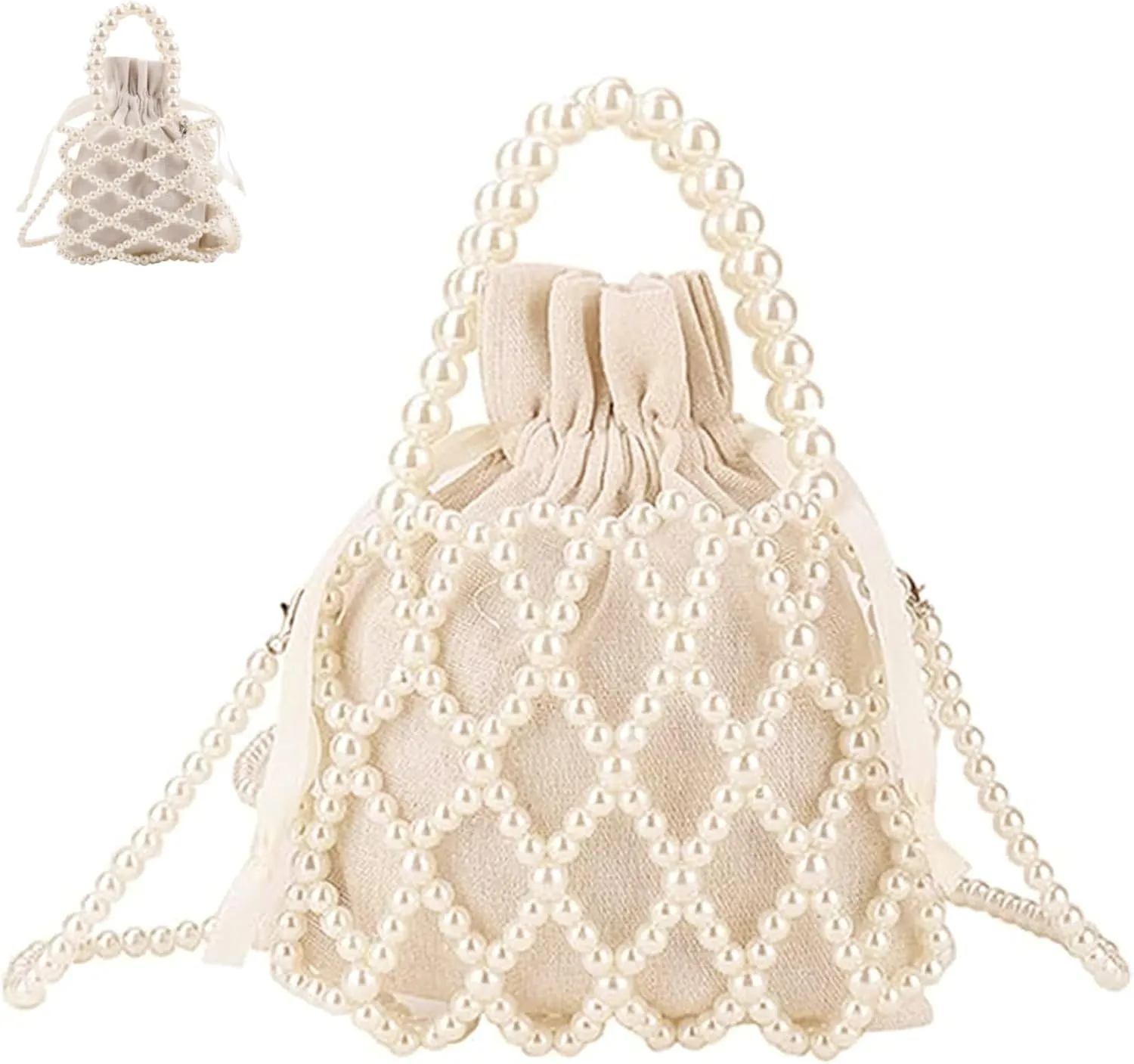 Pearl Purse,Women Top-Handle Bag, Pearl Woven Bucket Tote Bag,Diamonds Woven Handbag for Women