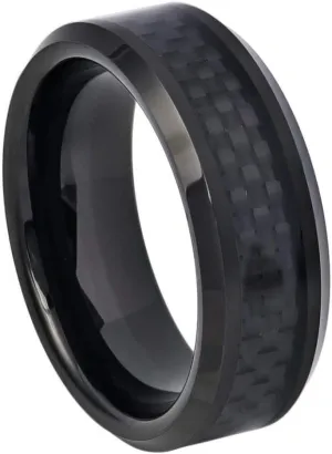 Personalized Laser Engraving Ring for Men and Ring for Women Tungsten Band Rings 8mm High Polished Black IP Plated with Black Carbon Fiber Inlay Beveled Edge Wedding Band Ring Ideal Rings