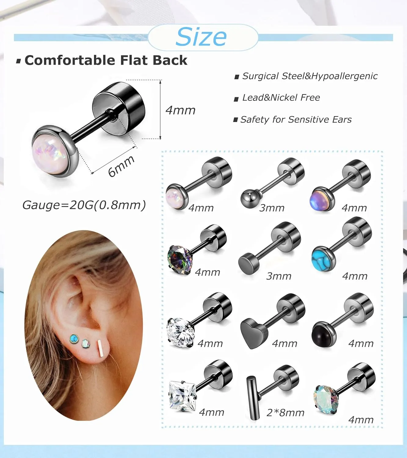 PLOMFOV Flat Back Earrings Gold Earrings for Women Men Stainless Steel Earrings Set CZ Heart Opal Surgical Steel Earrings Gold Studs 20G Cartilage Hoop Earrings Hypoallergenic for Sensitive Ears