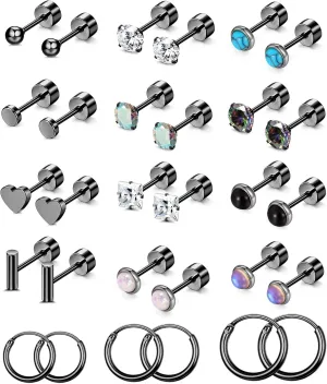 PLOMFOV Flat Back Earrings Gold Earrings for Women Men Stainless Steel Earrings Set CZ Heart Opal Surgical Steel Earrings Gold Studs 20G Cartilage Hoop Earrings Hypoallergenic for Sensitive Ears