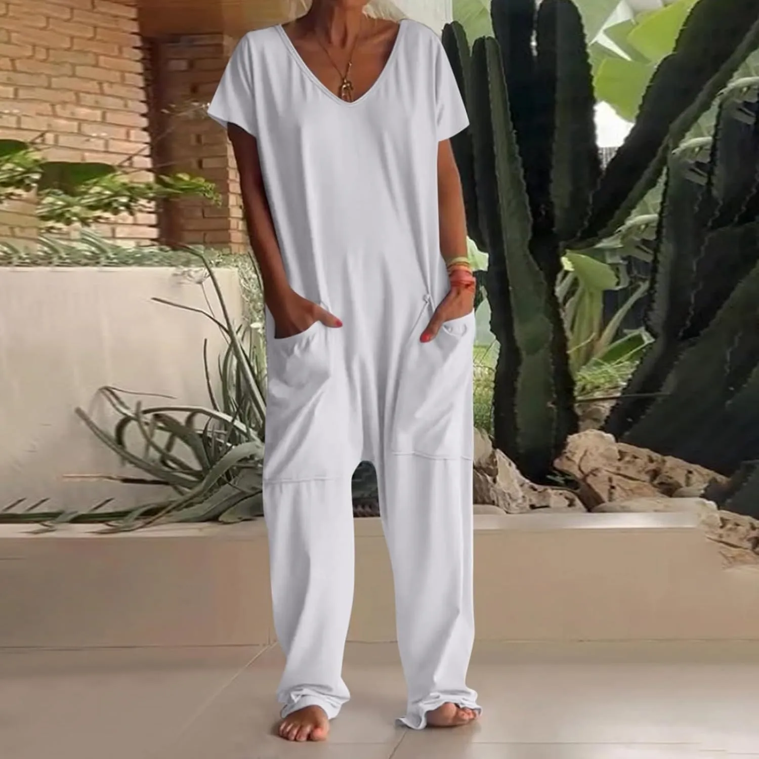 Plus Size Jumpsuit for Curvy Women 2024 Casual Rompers Short Sleeve V Neck Harem Pants Baggy One Piece Onesie