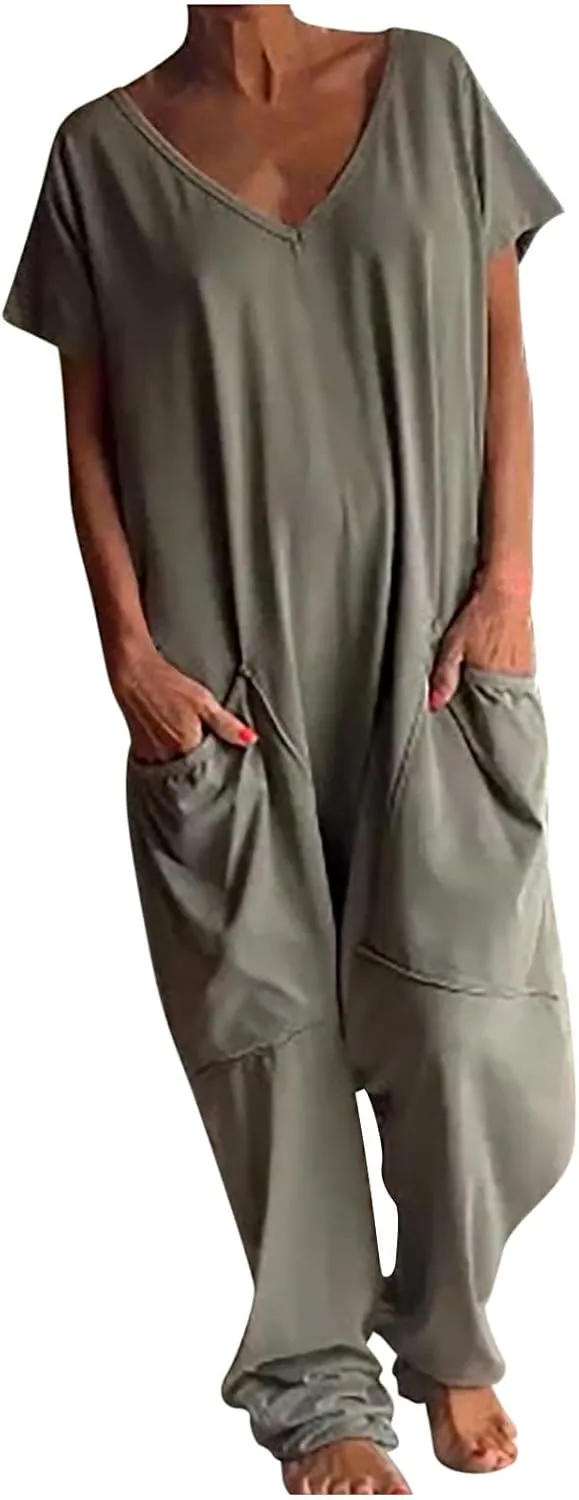 Plus Size Jumpsuit for Curvy Women Loose Casual Rompers Short Sleeve V Neck Harem Pants Baggy One Piece Onesie