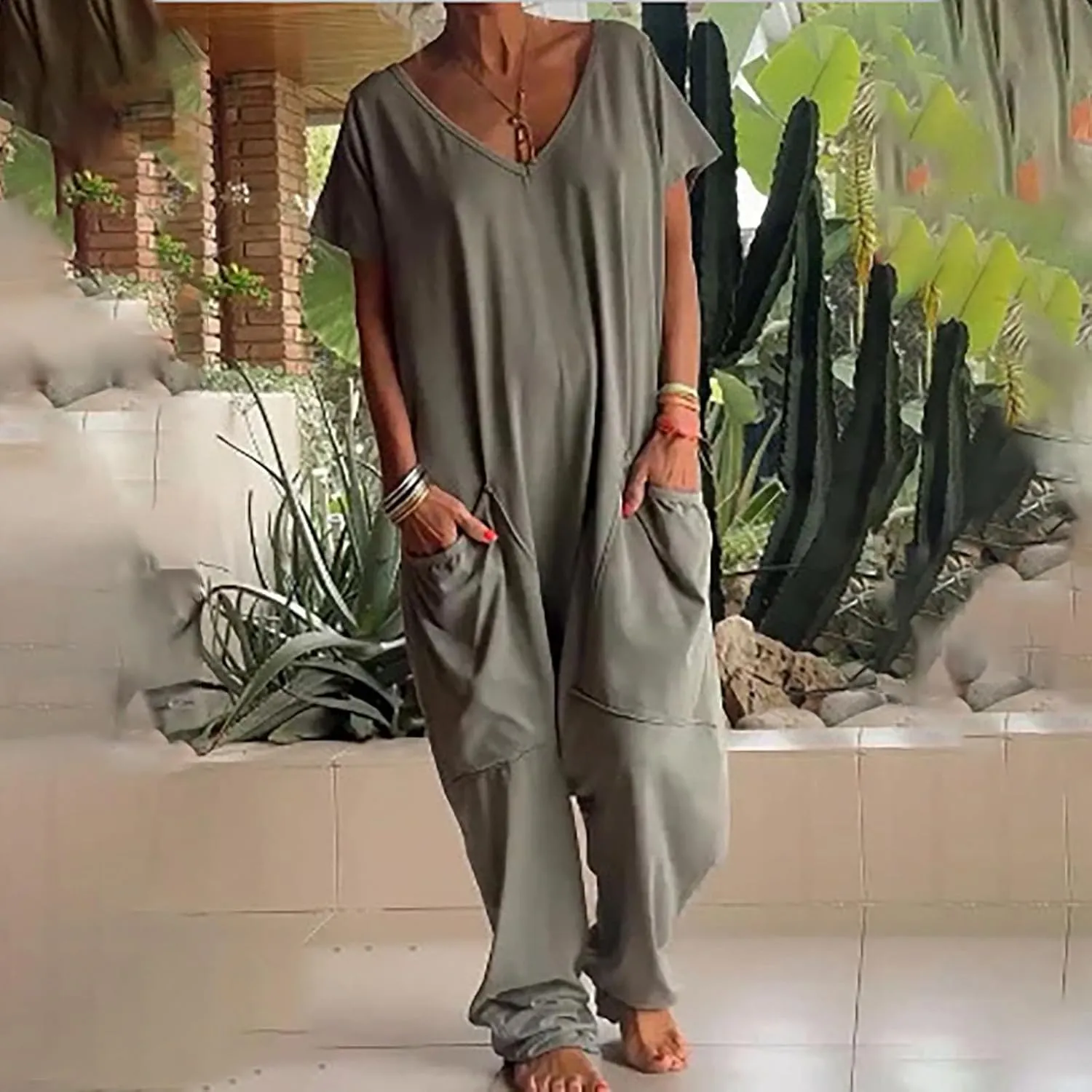 Plus Size Jumpsuit for Curvy Women Loose Casual Rompers Short Sleeve V Neck Harem Pants Baggy One Piece Onesie