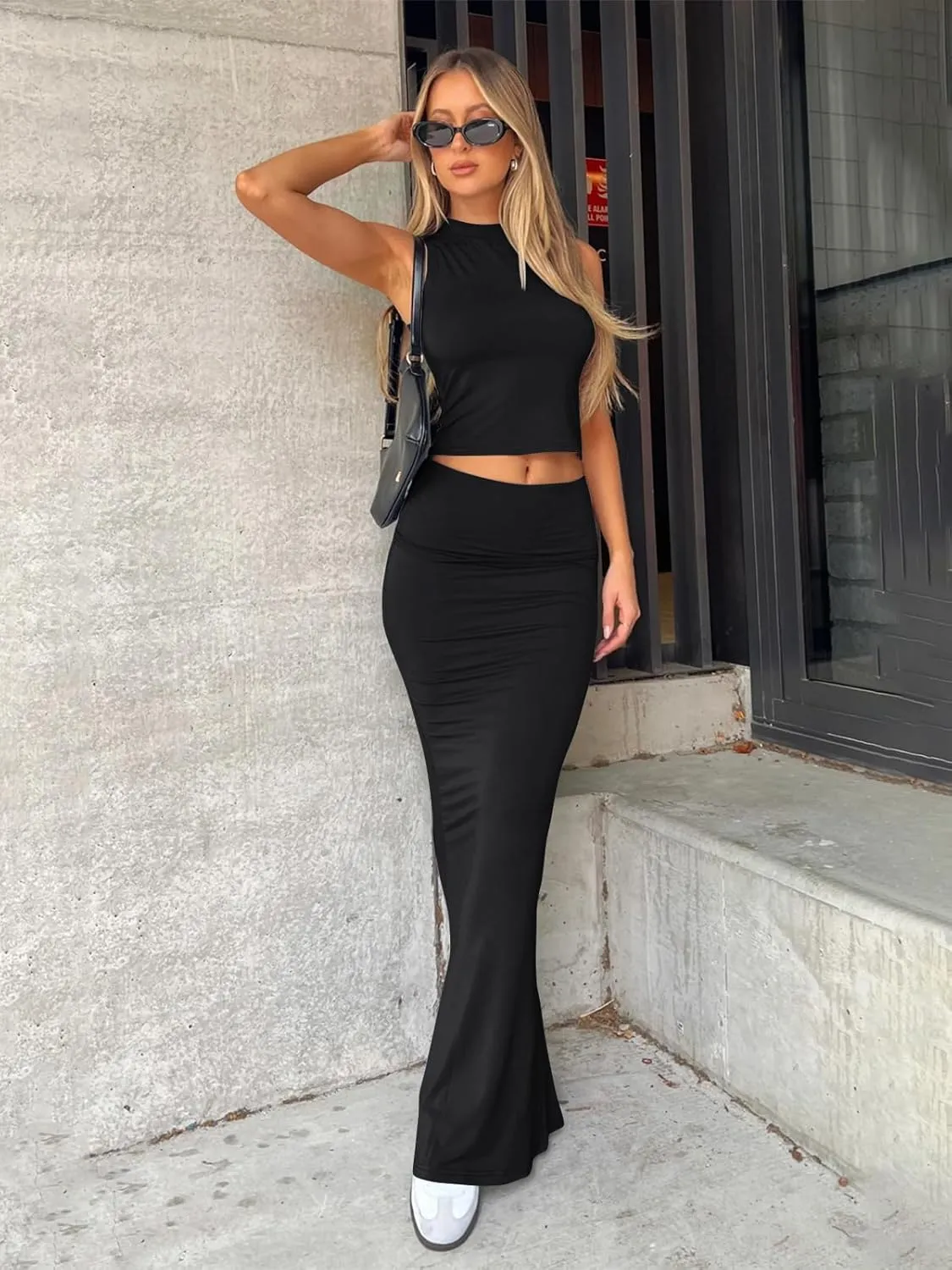 REORIA Women's Sexy Fold Over High Waisted Lounge Long Skirts Elegant Going Out Bodycon Maxi Skirts