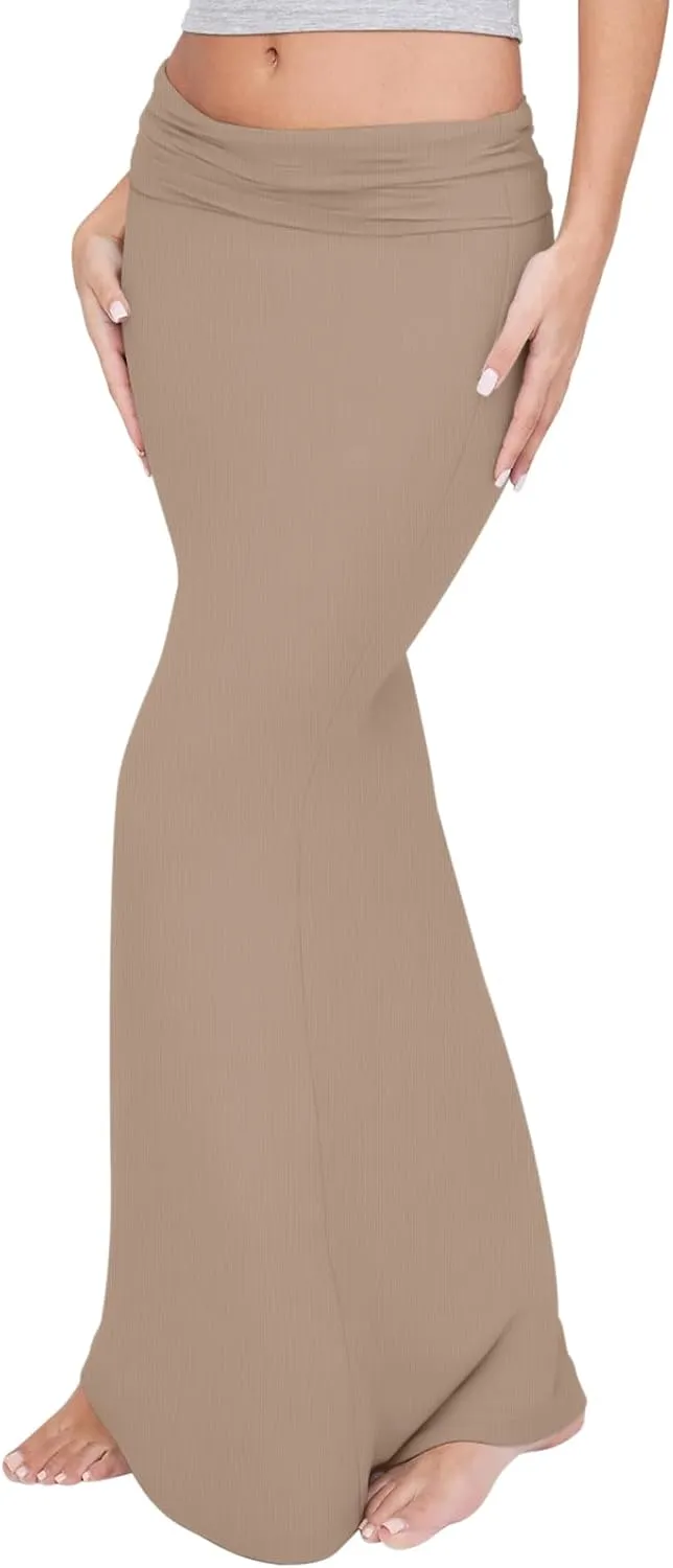 REORIA Women's Sexy Fold Over High Waisted Lounge Long Skirts Elegant Going Out Bodycon Maxi Skirts