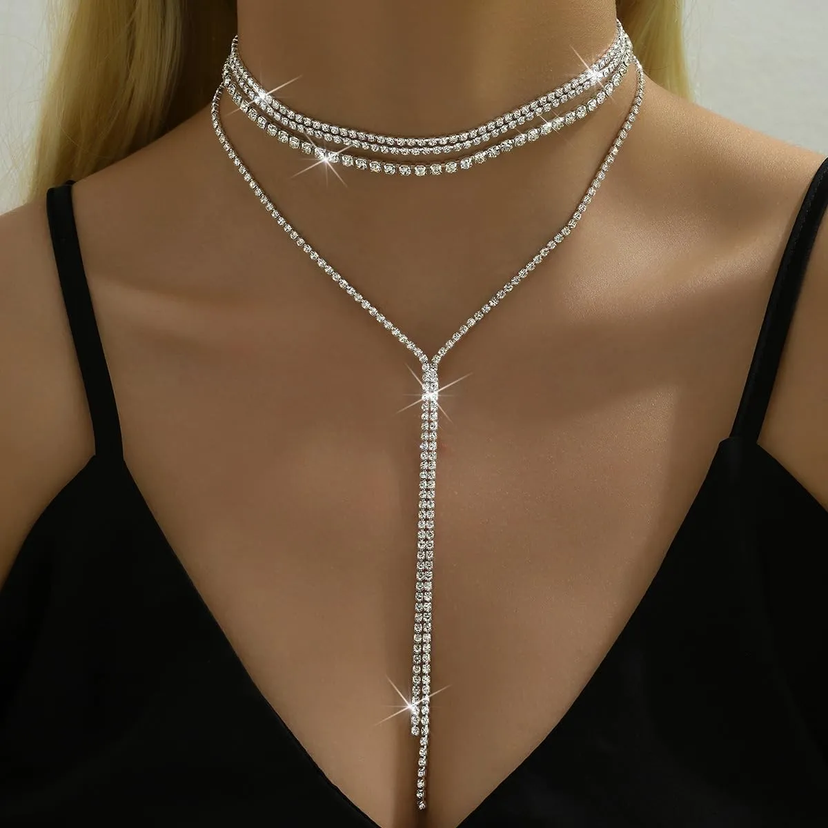 Rhinestone Layered Choker Necklaces for Women Bohemian Crystal Long Y-Necklaces Boho Long Pendant Statement Necklaces for Wedding Bride Bridesmaids