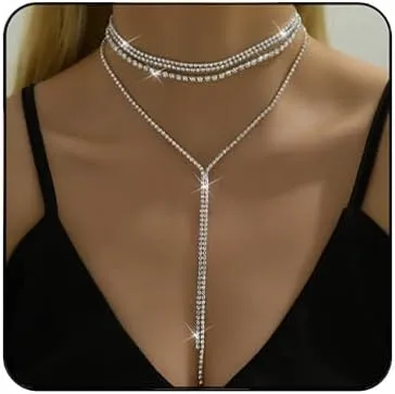 Rhinestone Layered Choker Necklaces for Women Bohemian Crystal Long Y-Necklaces Boho Long Pendant Statement Necklaces for Wedding Bride Bridesmaids