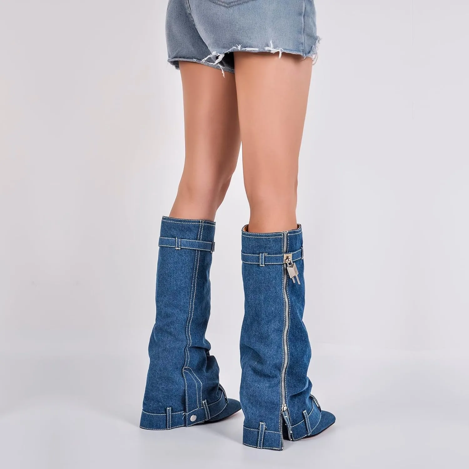 Richealnana Women's Denim Fold Over Knee High Boots Zipper Lock Pointed Toe Wedge Heel Long Boots