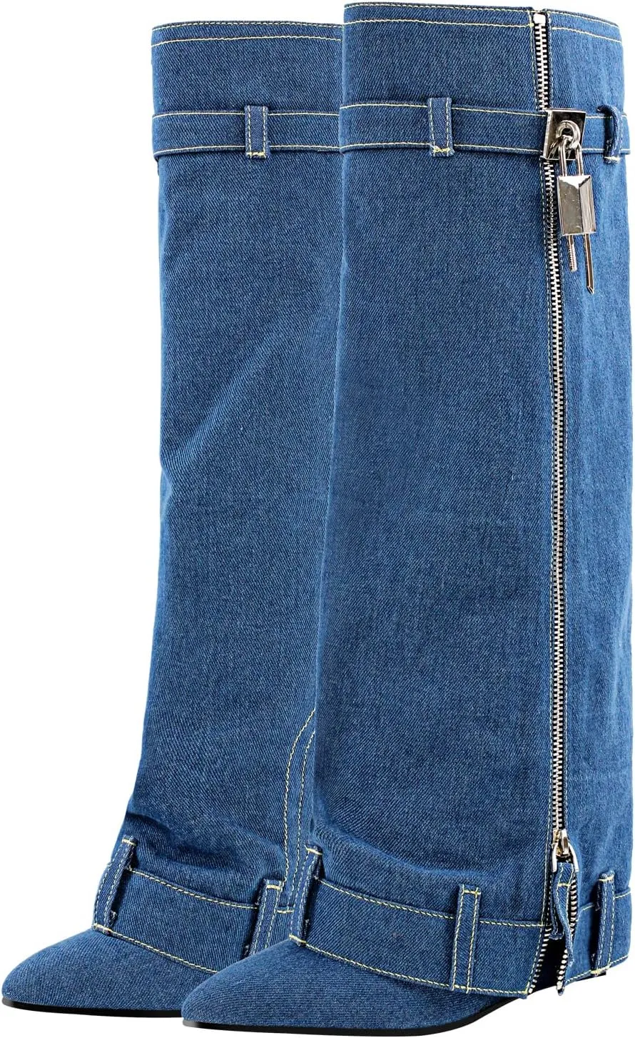 Richealnana Women's Denim Fold Over Knee High Boots Zipper Lock Pointed Toe Wedge Heel Long Boots