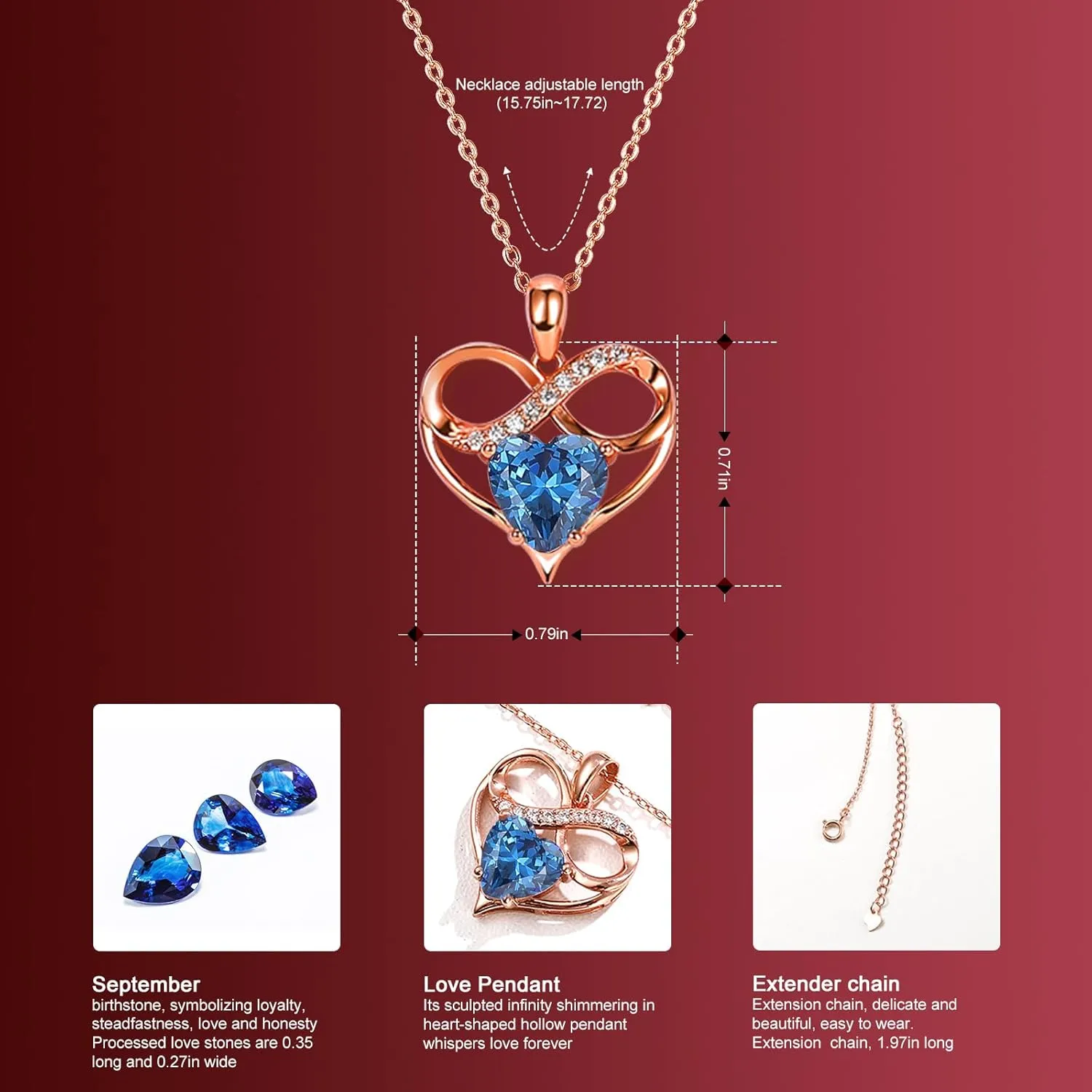 Rose Gold Birthstone Necklaces Heart Birthstone Pendant Necklaces For Women Valentine's Day Mother's Day Anniversary Christmas Gifts