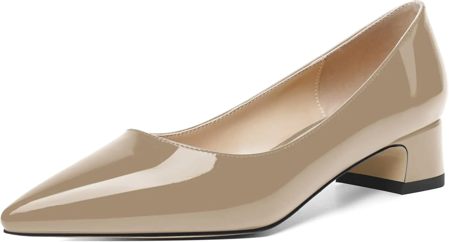 ROSERWISH Womens Patent Casual Work Comfortable Pointed Toe Slip On Chunky Low Heel Pumps Dress Shoes 1.5 Inch
