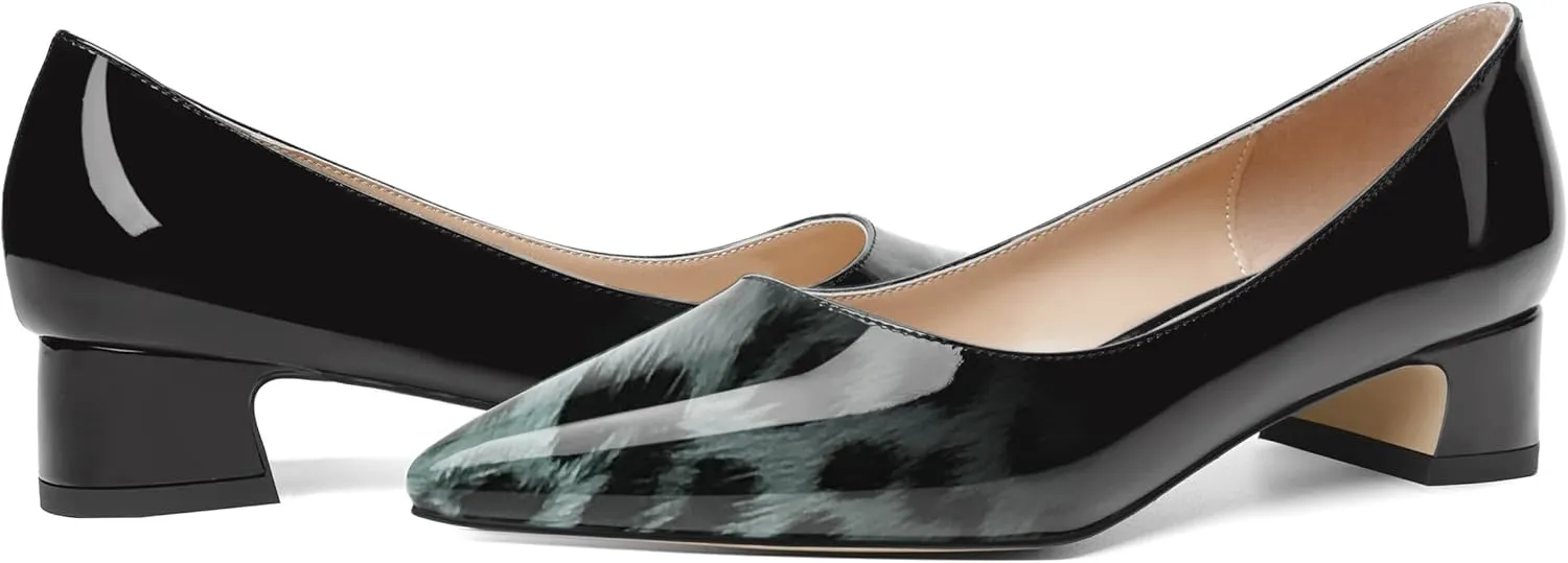 ROSERWISH Womens Patent Casual Work Comfortable Pointed Toe Slip On Chunky Low Heel Pumps Dress Shoes 1.5 Inch
