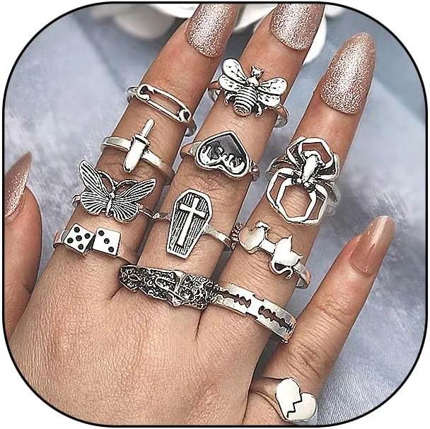 Rrdaily Vintage Silver Knuckle Rings Set for Women Teen Girls Chunky Stackable Joint Finger Nail Statement Rings Gothic Cross Butterfly Ring Pack Jewelry