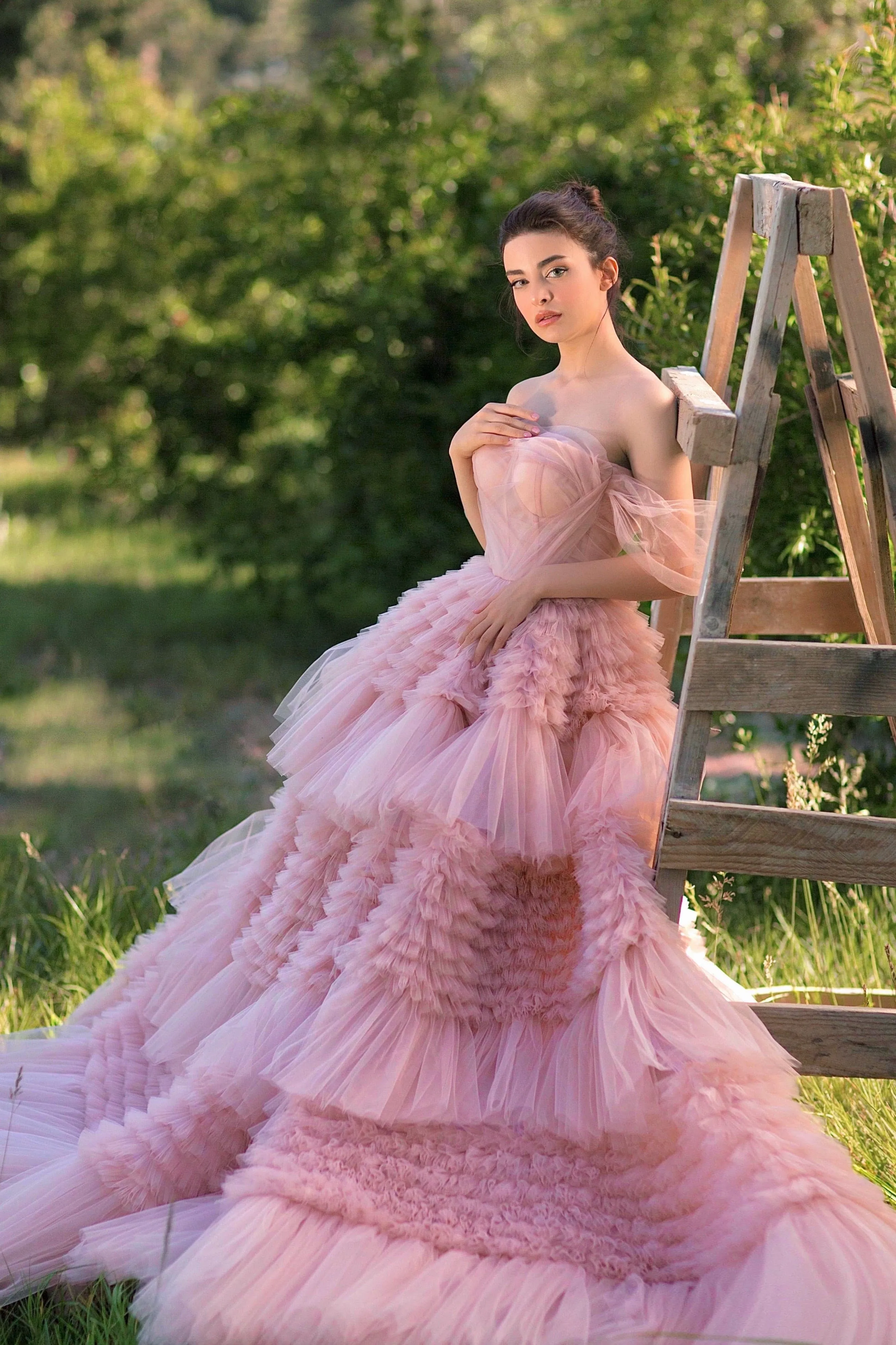 Ruffled Pink Off Shoulder Gown