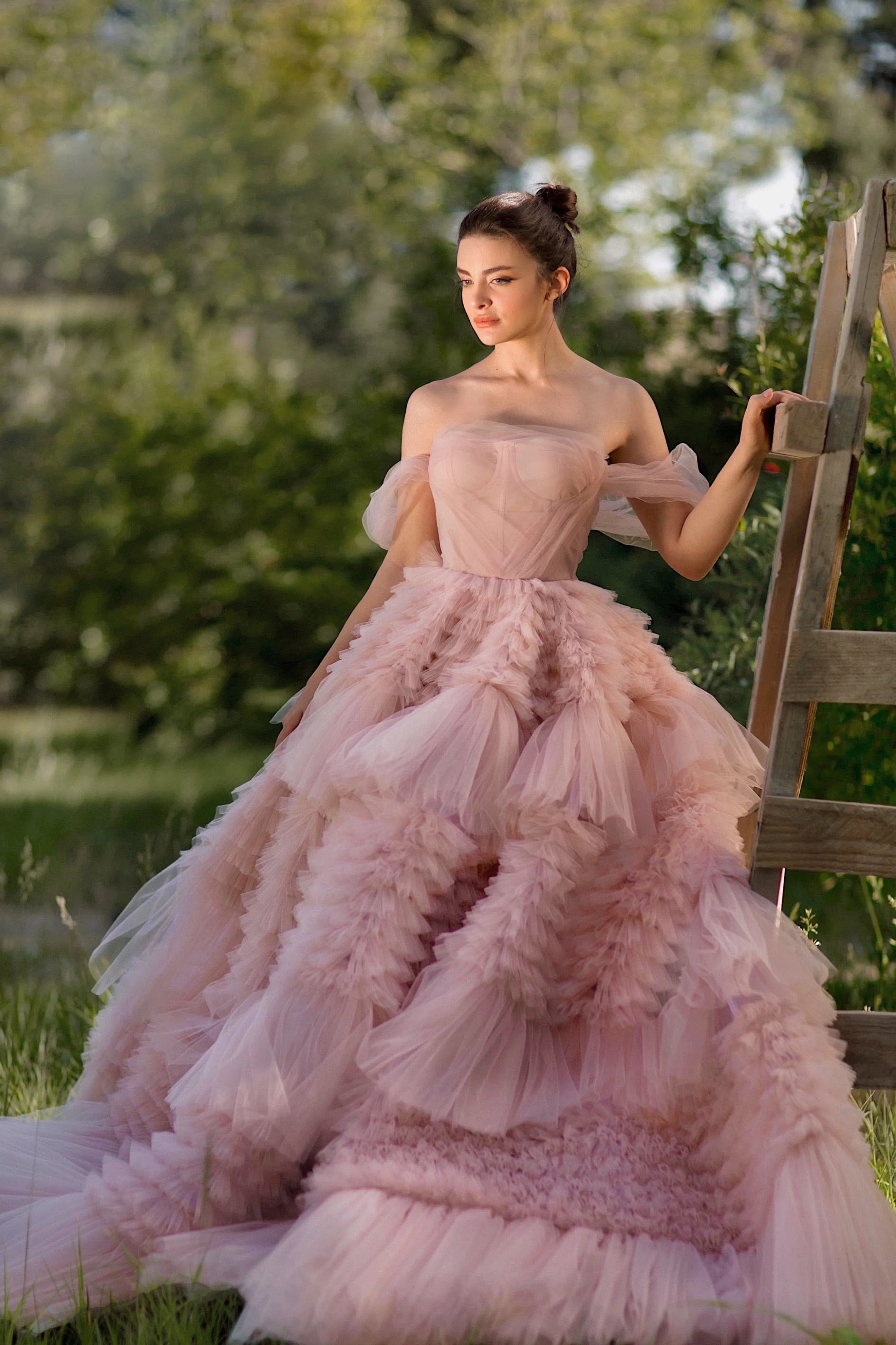 Ruffled Pink Off Shoulder Gown