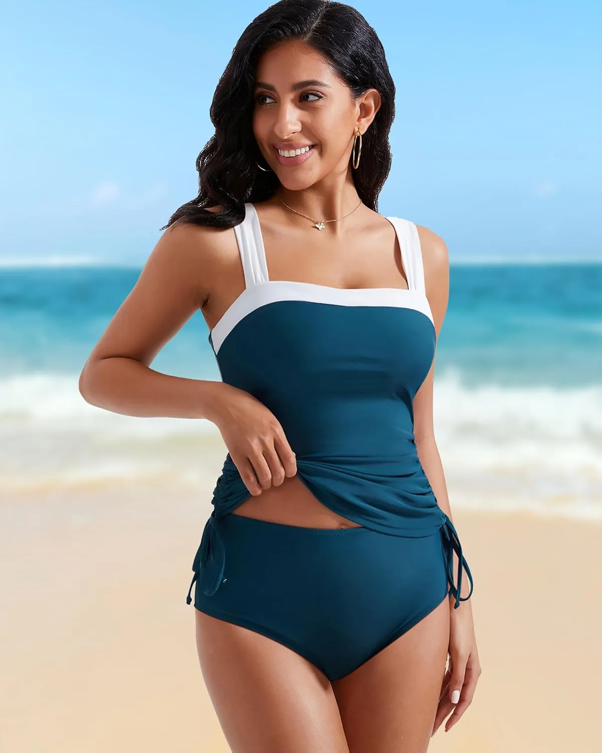 RXRXCOCO Women Tankini Bathing Suits Tummy Control Ruched Swimsuits Colorblock Drawstring Swimwear