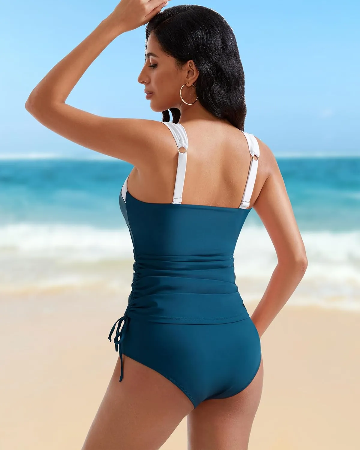 RXRXCOCO Women Tankini Bathing Suits Tummy Control Ruched Swimsuits Colorblock Drawstring Swimwear