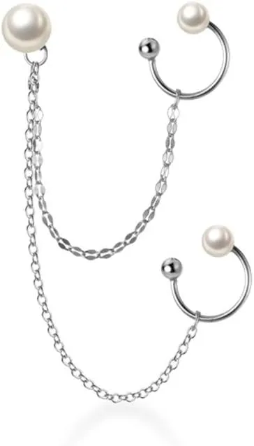 S925 Sterling Silver Dainty Pearl Ear Cuff Wrap Stud Earrings Elegant Tassel Threader Long Chain Ear Jackets Cartilage Clip On Cuffs Climber Crawler Earring